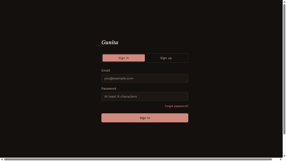 Gunita sign-in screen